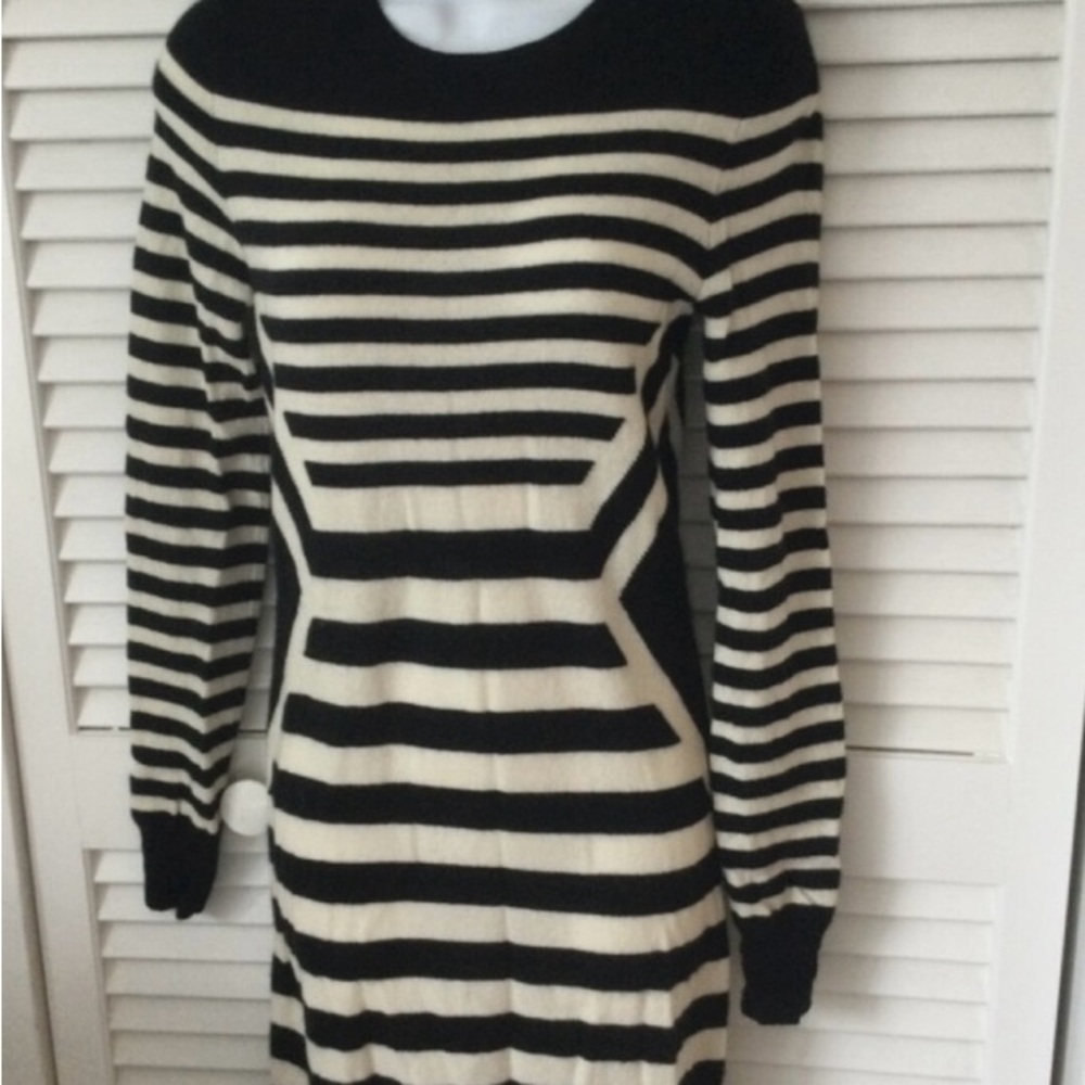 Theory Black and Cream Striped Long Sleeve Dress